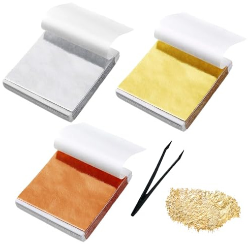 Ferizzia 300 Pan de Oro Imitación, 8.5 x 8 cm Hojas de Pan de Oro Imitación | con pinzas, 3 Colores, Láminas de Papel Dorado y Plata para DIY Uñas Resina Pintura Dorado Decoración Muebles