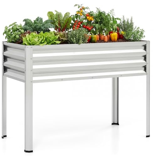 COSTWAY Jardinière Surélevée en Métal 142 L avec Trous Drainage (Argent) | Carré Potager sur Pied, pour Balcon Terrasse Cour, Lit de Jardin Surélevé pour Légumes Fleurs Fruits, 112 x 55 x 81 cm