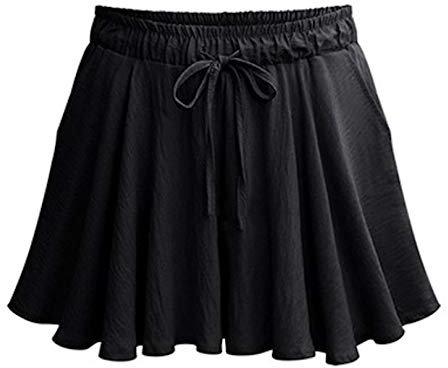 Elonglin Damen Sommer Locker Hosenrock Bermuda Leinen High Waist Shorts Kordelanzug Schwarz 5XL-Taille(halbe) 36cm/Länge 35cm