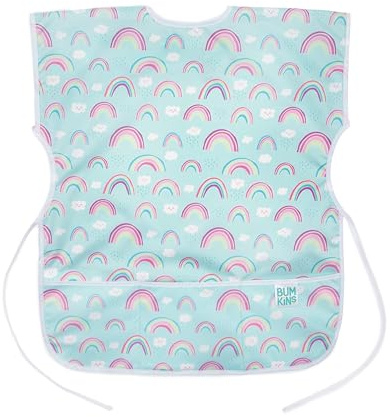 Bumkins Short Sleeve Smock, Toddler Reusable Waterproof Bib for Girls and Boys Ages 3-7 Years, Junior Childrens, Kids Paint Apron, Arts, Crafts and Play with Pocket, Soft Fabric, Rainbows Blue