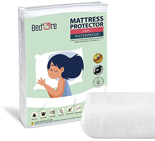Bed'Ore 100% Waterproof Mattress Protector Terry Top - Deep 30cm Fitted Skirt - Waterproof Single Mattress Protector - Super Absorbent - Machine Washable - Single (90x190) cm