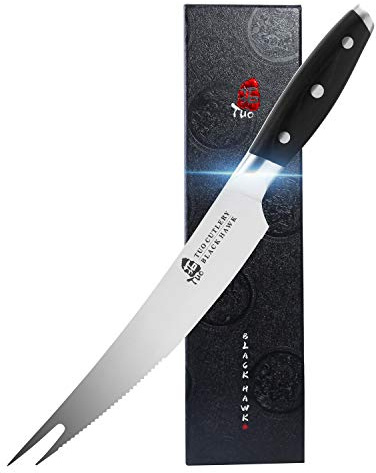 TUO Carving Knives & Forks - Barbecue knives 8'' - Meat Cutting Fork-Shaped Tip Utility bbq Knives - German X50CrMoV15 Steel Knife - Full Tang Pakkawood Handle with Gift Box - BLACK HAWK Series