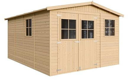 Cobertizo de Madera para jardín con Suelo TRATADO - 324x416cm/12m2 Cobertizo de Madera Natural - Taller de Jardín - Bicicleta, Almacenamiento de Herramientas TIMBELA M336+M336G