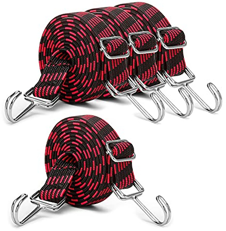 INCETUE 2M Red Adjustable Bungee Cords with Hooks, 4 Pack | Heavy duty long elasticity rope, flat rubber elastic straps, metal buckle, for luggage & moving cargo