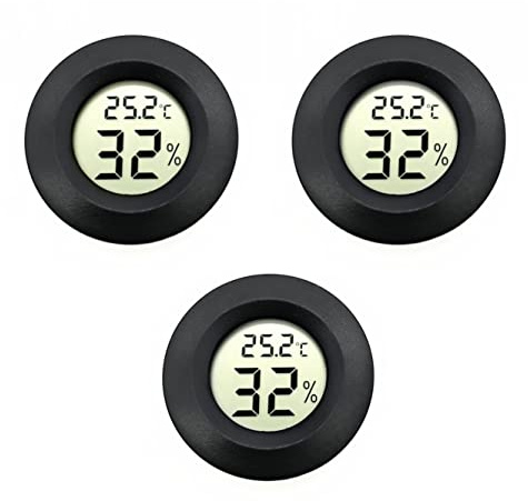 JZK 3 x Small round digital thermometer hygrometer with battery for car/bedroom/bathroom, rooms humidity monitor, temperature gauge humidity meter for reptile tank