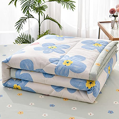 Chickwin Quilted Bedspread Single Double King Size, Simple Floral Printed Coverlets Lightweight Microfiber Comforter Easy Care Sofa Blanket Throw for All Season (180x200cm,Blue Flowers)
