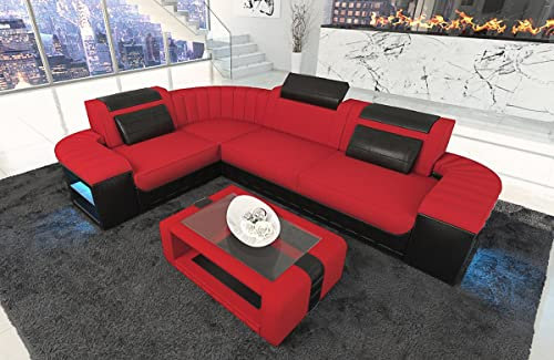 Sofa Bergamo L Form Stoffsofa Couch - mit LED Beleuchtung, verstellbare Kopfstützen, Recamiere/Mikrofaser/Ausrichtung wählbar (Ecke Links, Rot-Schwarz C134)