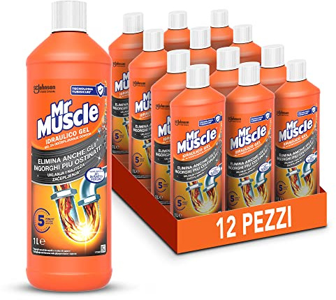 Mr Muscle Idraulico Gel, Disgorgante Professionale Forte 12 Pezzi x 1000 ml | Stura Lavandini e Scarichi, Sicuro per i Tubi, Formato Scorta