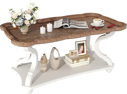 Function Home Farmhouse Coffee Table, 2-Tier Center Table with Storage Shelf, 39.8 French Country Rectangle Accent Table with Natural Tray Top and Curved Legs for Living Room Balcony, Vintage White