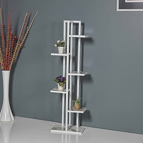 [en.casa] Tohmajärvi Présentoir à fleurs à 6 niveaux 120 x 34 x 21 cm Support pour plantes d'intérieur Étagère de salon Blanc/aspect marbre