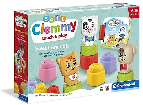 Clementoni Soft Clemmy - Sweet Animals, Play Set Bambini 6-36 Mesi, con 6 Mattoncini per Costruzioni e 3 Personaggi, Gioco Prima Infanzia Made in Italy, per Stimolare i Sensi dei più Piccoli, 17849