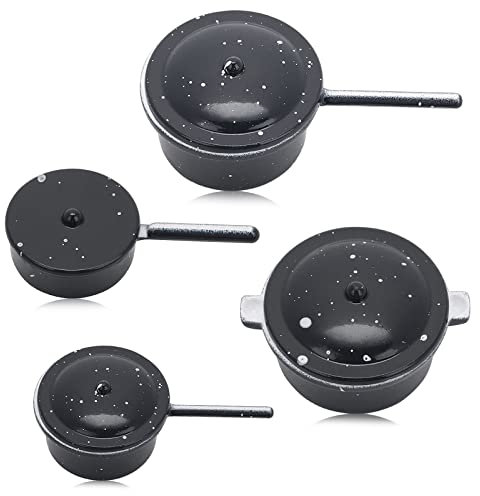 TIESOME 4 Stück Puppenhaus Miniatur Metall Töpfe und Pfannen Mini Puppenhaus Küche Kochgeschirr Puppenhaus Dekoration Zubehör Party Supplies für Pretend Play Miniture Kochen