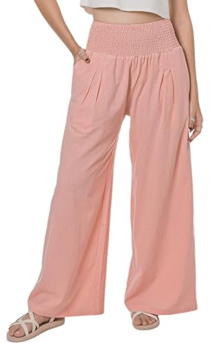 Lofbaz dam sommar flödande bomull linne palazzo breda byxor strand hög midja byxor boho långa loungebyxor med fickor, Rosa träros, S
