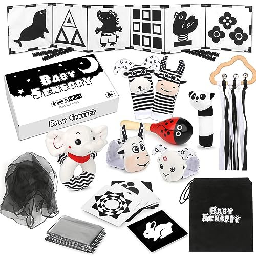 Joyreal Baby Sensory Toys, 13 Pcs Black and White Sensory Toys 0-6 Months, Foil Blanket, Sensory Cards, Baby Rattles, Ribbon Ring, Scarf, Maracas, Newborn Toys Baby Sensory Box Gifts, Medium