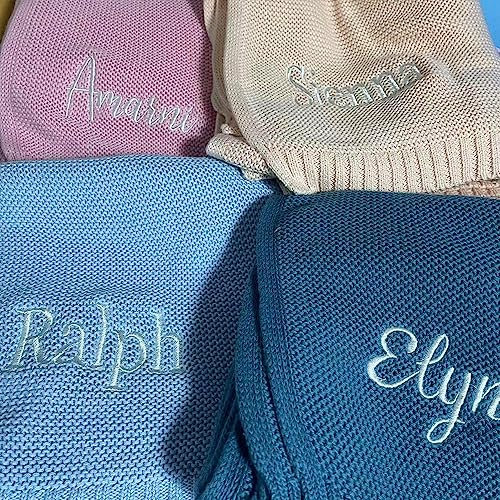 REEG Babydecke, bestickter Namen, Kinderwagendecke, Babyparty, Neugeborenes, Geschenk, personalisierbar, weich, atmungsaktiv, Baumwolle, Strickdecke
