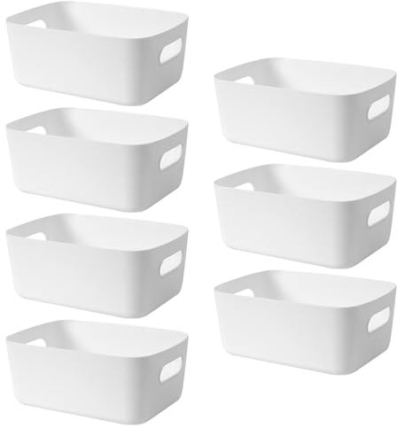 FYting Set of 7 Plastic Storage Boxes, 25CM Office & Home Kitchen Tidy Organiser, Studio Storage Baskets, Shelf & Drawer Organiser, 25x18x10cm (White)