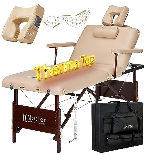 Master Massage Del Ray Salon Therma Top Klappbare Mobile Massageliege Massagebank Beheizbare Kosmetikliege Behandlungsliege Stufenlos Verstellbare Rückenlehne mit Musikkissen Lautpsprecher Bluetooth