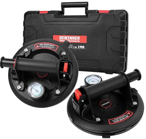 DEWINNER 2 pcs 8'' Vacuum Suction Cup with Pressure Gauge, Heavy Duty Vacuum Suction Cup with Handle Lifter, Glass Suction Lifter for Granite, Tile, Glass Lifting, Black