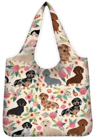 chaqlin Wiederverwendbare Einkaufstaschen mit Blume Dachshund Druck Lebensmitteltaschen Lebensmittelbeutel Damen Nette große Einkaufstaschen Tägliche Verwendung Reise Lagerung Lebensmittel Organizer