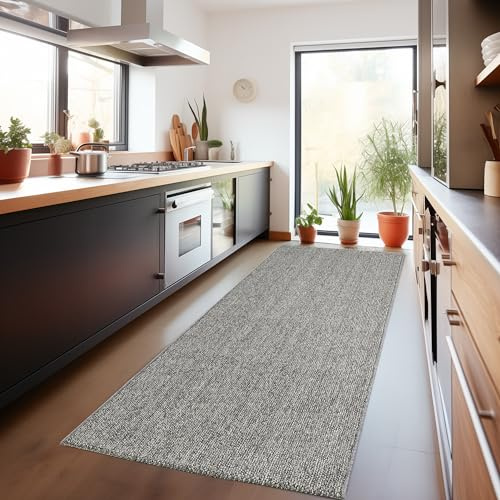 Carpetsale24 Teppich 80x250 cm Grau, Langer Schlingenflor Läufer für Flur oder Küche, Einfarbig & Pflegeleicht, Weich & Modern