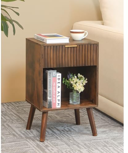 Fultyle Mid Century Modern Nightstand, Wood Bedside Table with Drawer and Opening Storage, End Table Living Room Fluted Night Stand with Solid Wood Legs for Bedroom (Rustic Brown)