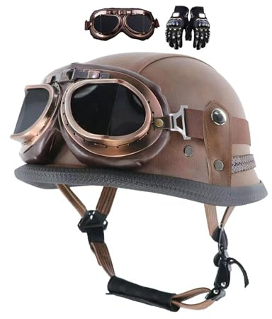 Casque Moto Jet Casque Scooter, Vintage Casque Scooter Rétro De Moto, avec Gants+Lunettes, pour Moto Et Scooter, Rétro Demi Casque Moto Vélo Scooter Chopper pour Adultes Homme Et Femme (Color : Brown