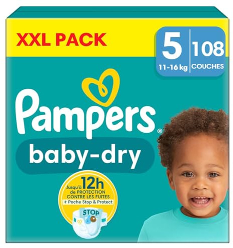 Pampers Baby-Dry, Größe 5, 108 Windeln, 11-16 kg, auslaufsicher mit der Stop- und Protect-Tasche auf der Rückseite der Windel, XXL-Pack