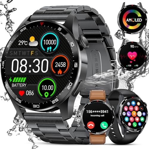FEELNEVER Smartwatch Herren mit Telefonfunktion,1.43''AMOLED Militär Smart Watch, Wasserdicht Smart Watch mit Herzfrequenz Schlafüberwachung SpO2, 100+ Sportmodi Fitnessuhr Smartwatch für Android iOS