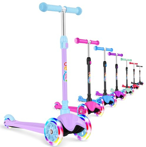 BELEEV A1 Scooter for Kids Ages 2-6, 3 Wheel Dinosaur Scooter for Toddlers Girls Boys, PU Light-Up Wheels, 4 Adjustable Height, Lean to Steer, Non-Slip Deck, Kick Scooter for Children (Blue Purple)