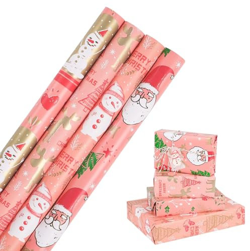 HBell Rotolo di carta da regalo natalizia, 4 rotoli di carta da regalo rosa, 43 cm x 3 m, per Natale, Capodanno, feste, decorazioni natalizie (rosa)