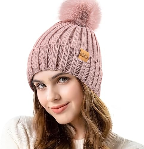 REDESS Donna Inverno Cappello a Maglia Beanie Caldo Pile Foderato con Pompom cap Spesso Slouchy Neve Maglia Cranio Ski cap