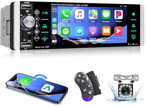 VECHTEL Radio Coche 1 DIN con CarPlay Inalámbrico Android Auto 5.1 Pulgadas de Táctil Pantalla CocheBluetooth, Am FM RDS Radio, Mirror Link, USB/TF/AUX-in, Micrófono, Cámara de Respaldo