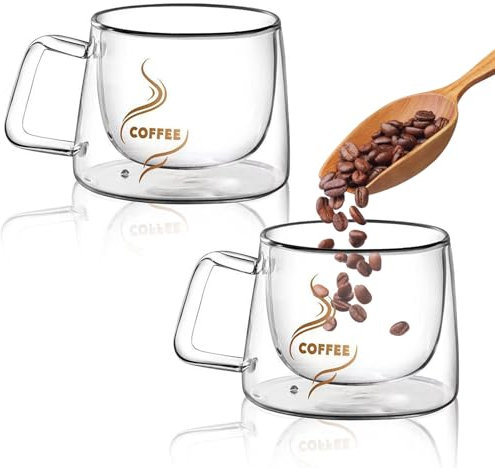 FORYNXHWIN 2x200ml Double Walled Coffee Glasses Mugs Cappuccino Latte Macchiato Glasses Cups with Handle, Borosilicate Heat Resistant Glass Cups for Coffee Tea Milk Juice