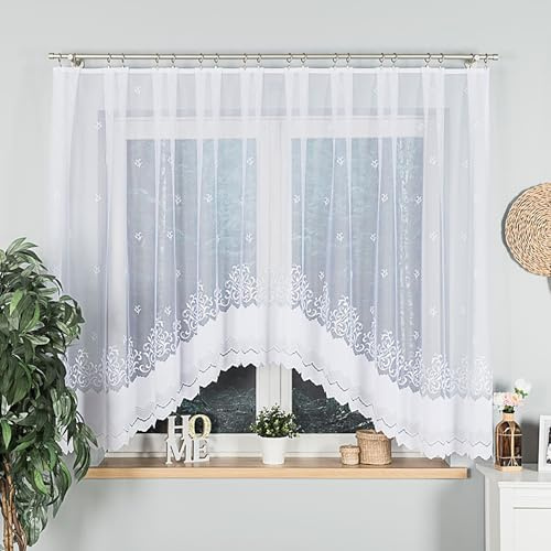 Gardinen Vorhangen Weiß 450x140 cm (BxH) Totensa Stores Gardinen Kurz Jacquard Scheibengardine Vorhänge Fertiggardine Transparent Gardinenschals Fenstergardinen Bogen