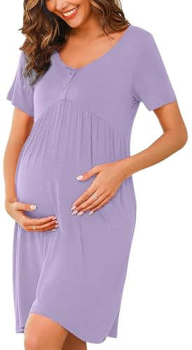 Ekouaer Women's Nightdresses & Nightshirts Sleep Shirt Dress Soft V Neck Nighties Sleepwear Maternity Nightie Purple