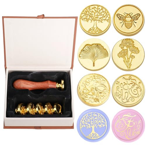 Mocrop 6 Stücke Siegelstempel Set, Siegelwachs Stempel Kit Vintage Tiere Pflanzen Wachssiegel Stempel Wachsstempel kit mit 6 Abnehmbaren Messingköpfen und 1 Holzgriff für DIY Karten GeschenkumschläGe