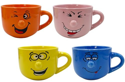 Paluplus Set 4 Tazze da Colazione in Porcellana Multicolor con Faccine Divertenti, Capacità 450 ml, Tazze Mug con manico, Lavabili in Lavastoviglie, adatte per Microonde, per Thè, Tisane e Latte -218F