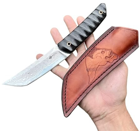 Obespina Couteau Artisanal Style Japonais Lame Fixe Acier Damas Tanto Manche Bois Étui Cuir Tete De Mort Collection Custom Cadeau Homme Suminagashi VG10 forge artisanat camping tranchant