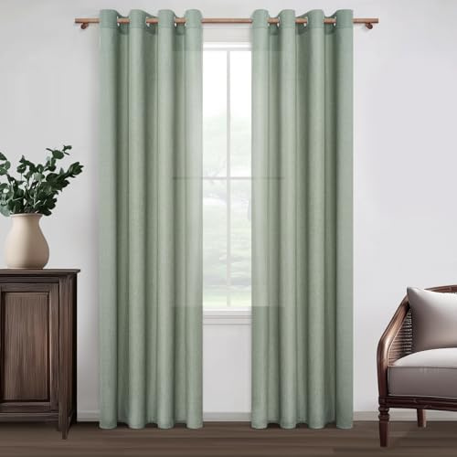MRTREES Vorhänge mit Ösen Salbeigrün Leinenoptik Halbtransparent für Schlafzimmer 2er Set, Gardinen Schal Leinen 240 cm Lang 140 cm Breit, Vorhang Wohnzimmer Fenster Curtains Living Room
