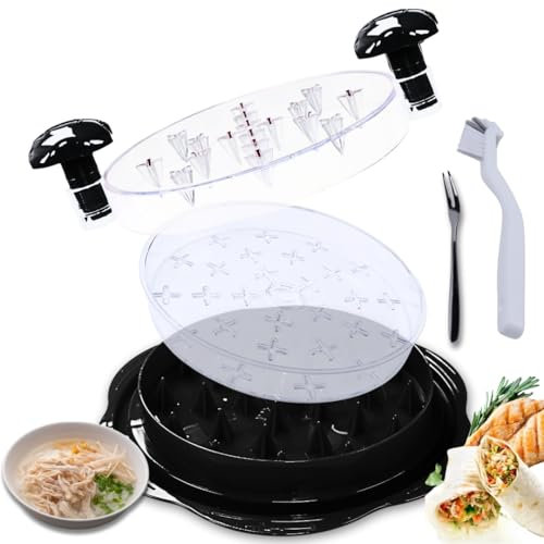 (Black/Red) Premium Chicken Shredder with Bowl, Fork & Cleaning Brush—25CM Meat Shredder with Clear Lid, Ergonomic Handle, Anti-Slip, Heat Resistant, BPA Free, Dishwasher Safe, New Kitchen Gadgets