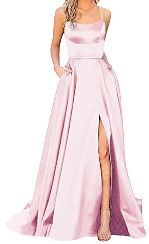 OBiQuzz Balklänningar damer långa damer elegant nackhållare rygglös långa klänningar Crisn satin spaghetti fest aftonklänning sidoslits bröllop kvällsfest klänning med egenskaper: Sexig, ROSA, S