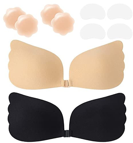 Adhesive Bra Push Up, Strapless Bra, Invisible Bra Backless, Reusable Bra Without Straps, Skin-Friendly Silicone Push Up Bra, Strapless, for Eel Backless Clothing, Beige and black, D