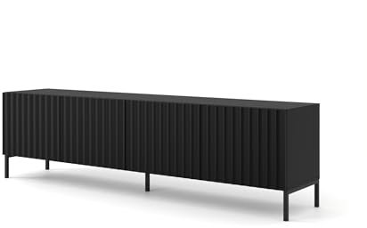 Homlando Wave TV Cabinet 78.5 x 16.5 x 22 with Machined MDF Fronts for 75 TV – 4-Door Lowboard, TV Table, Sideboard on Black Metal Legs – Matte Black Living Room Furniture