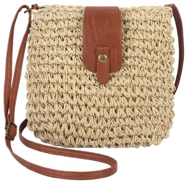 Businey Straw Bag for Women, Summer Straw Beach Bag with Zipper, Women's Beach Crossbody Bags with Adjustable Strap, Bohemian Weave Handmade Handbags for Holiday Beach Travel, Beige