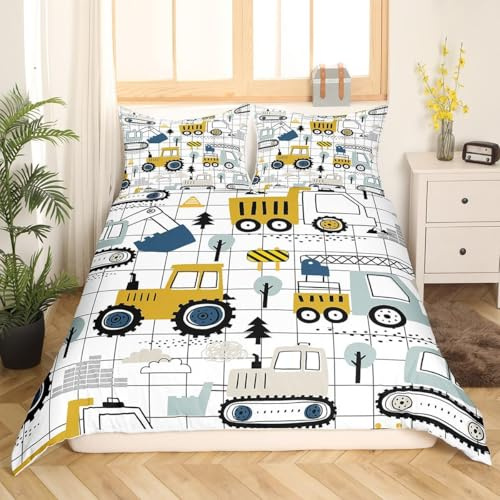 RZPFQB Cartoon-Fahrzeug Kinder Bettwäsche 100x135 Baby Bettwäsche Set für Kleinkinder und Babybetten Kran Zugmaschine Bettbezug Set Cartoon Traktor Bagger Microfaser Bettwäscheset