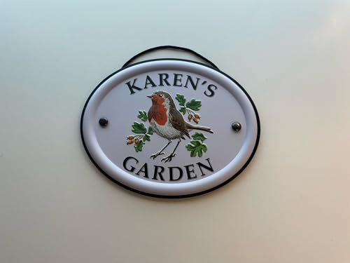 Personalised Embossed Metal Garden Sign 12x15cm – British Bird Design – Outdoor Decorative Hanging Garden Plaque – Weatherproof Metal Sign for Garden Walls Fences or Sheds (Karen)