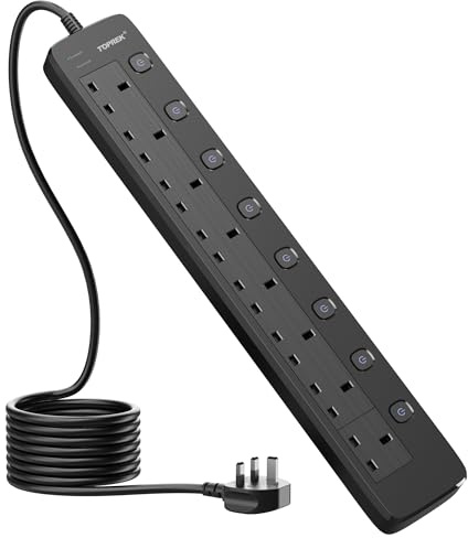 TOPREK 8 Way Extension Lead with Individual Switches, 2100 Surge Protected Extension Lead with Indicator Lights, Desk/Wall Mounted Power Strip for Office/Home/Computer Room/Garage(2M)