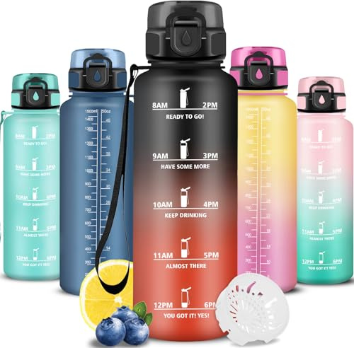 Grsta Borraccia 1,5 litri, Borraccia Palestra, Boraccia Senza Perdite, Boraccia Motivazionale, Facile da Pulire, Bottiglia Orari, Bottiglia Graduata, Facile da Trasportare, per Viaggio, Fitness
