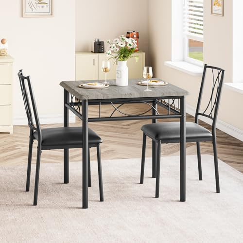 Garvee 3-Piece Wood Dining Table Set for 2, Compact Square Kitchen Table Set with 2 Upholstered Chairs, Space-Saving Dining Table Set for Apartment, Studio, Kitchen, Small Space, Gray