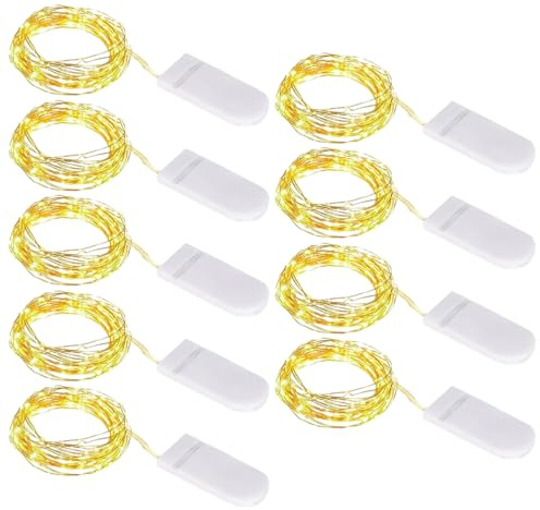 Stringa Luci LED a Batteria, 9 pezzi, 1M, 10 LED, Mini Lampada a Fili di Rame Bianco Caldo, Filo di Rame Flessibile Impermeabile, per Natalizie, Matrimonio, Giardino